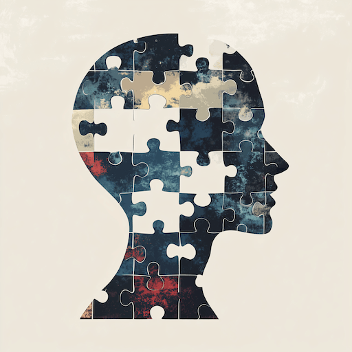 An abstract silhouette of a human head with incomplete puzzle pieces, symbolizing the journey of self-discovery and completing one\'s identity through personal values.